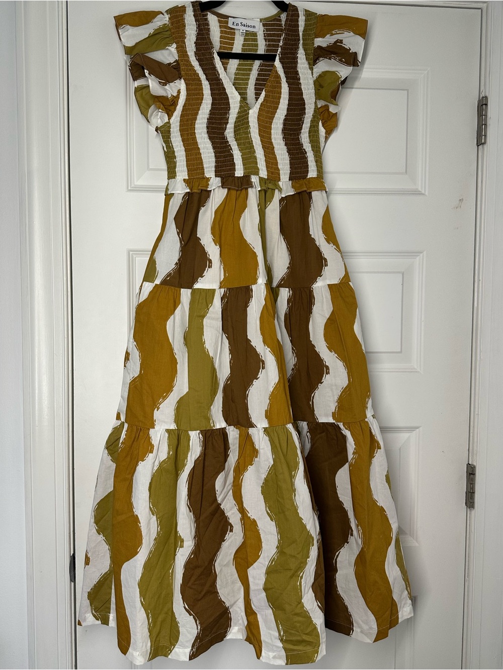 En Saison Mustard, Olive & Brown Wave Tiered Maxi Dress with smocked bodice XS